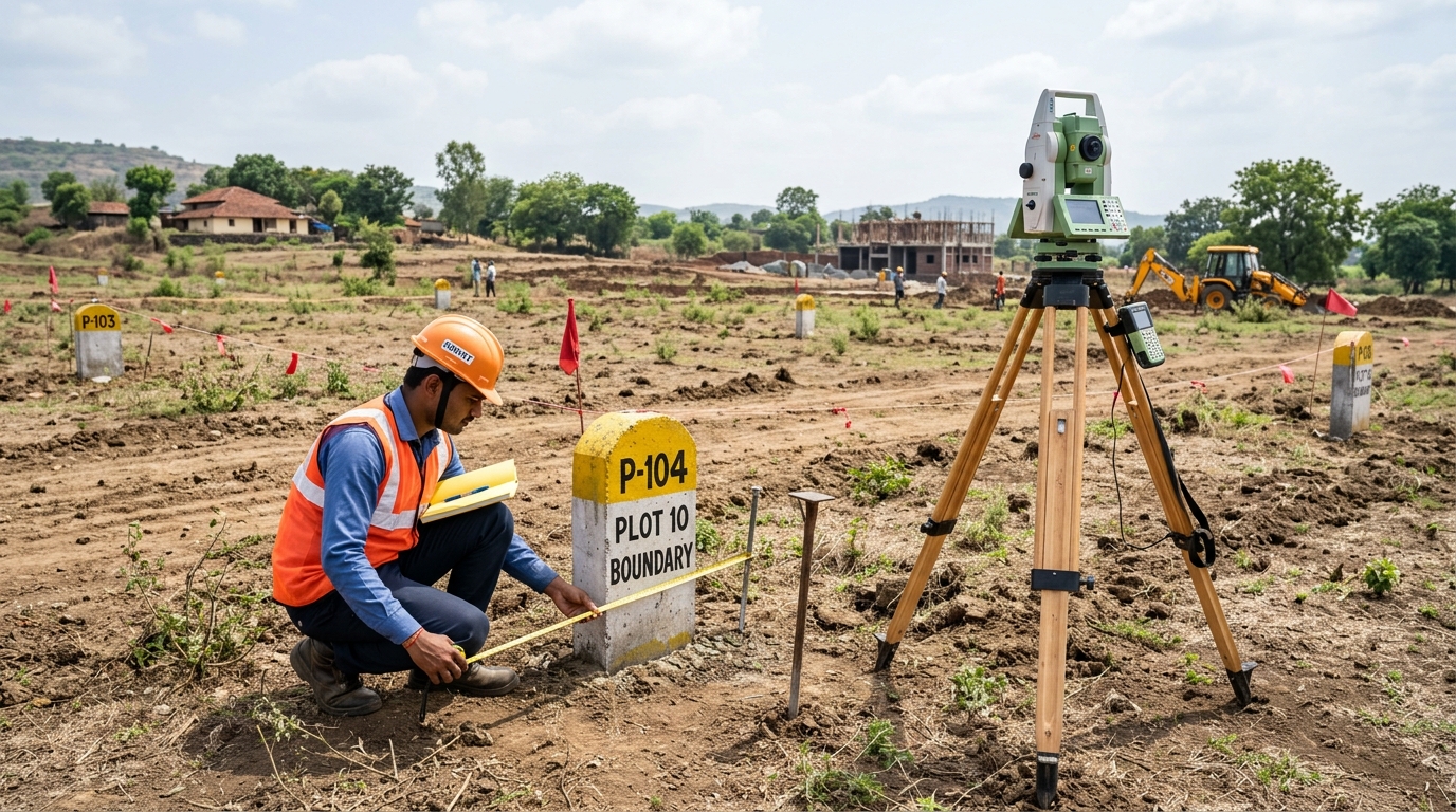 Surveyor checking plot boundary markers during a land demarcation survey.
