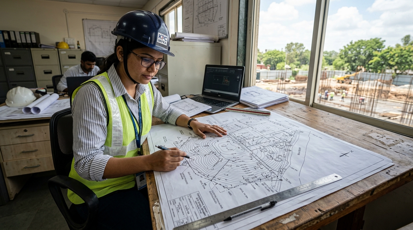 Civil engineer reviewing a topographic survey drawing for construction planning.