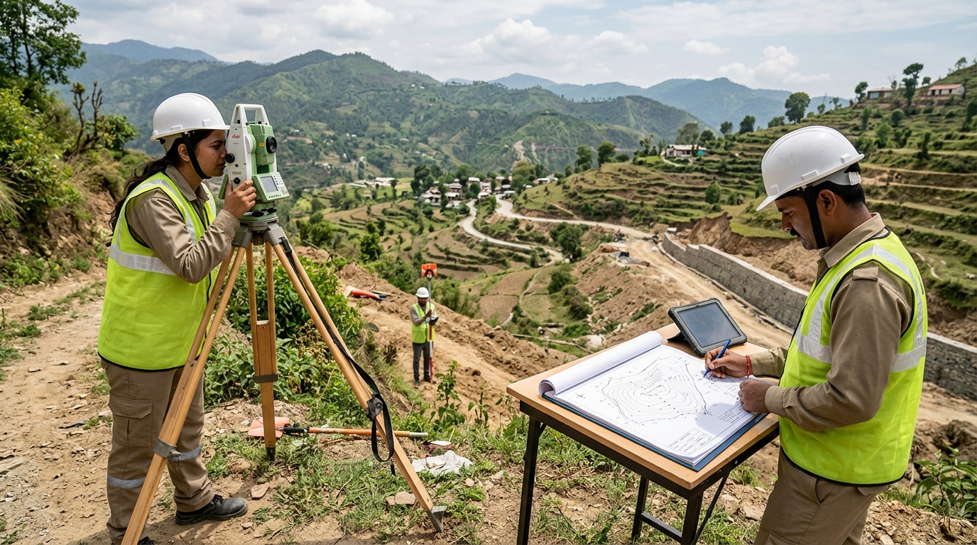 Topographic survey measuring ground levels on a plot before construction.
